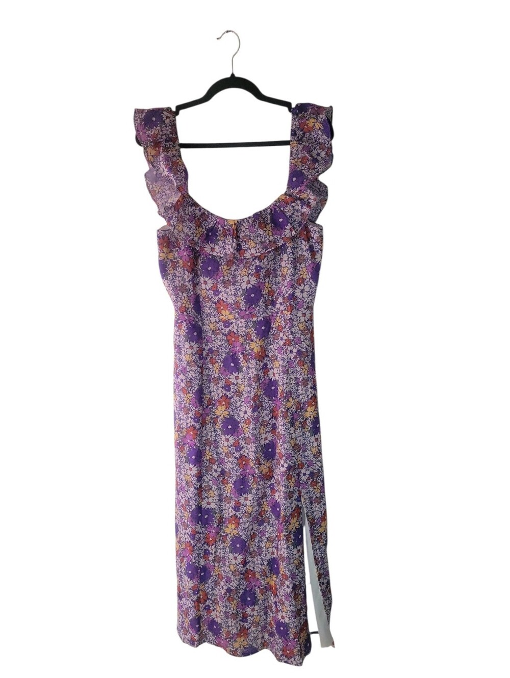 Wayf Purple Floral Ruffle Midi Back Zip Closure Sweetheat Neckline Dress M